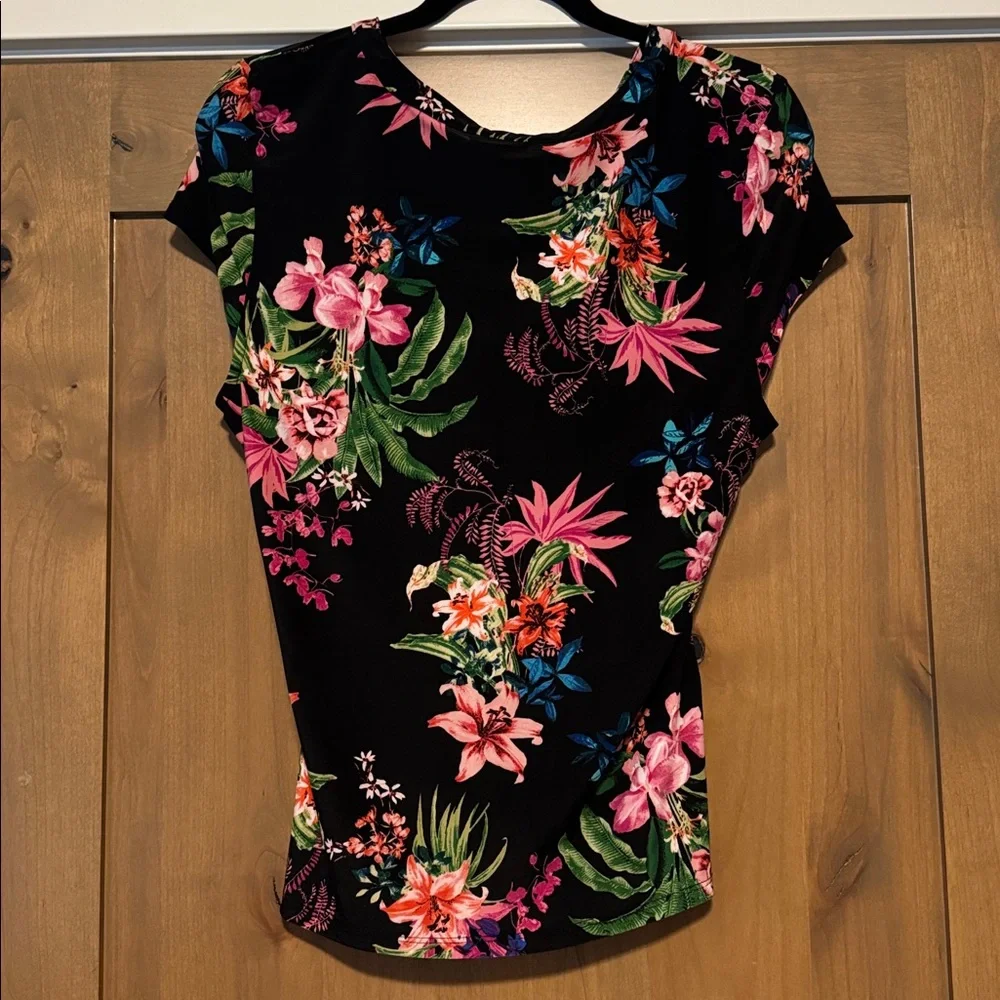 I.N.C. Floral printed lace up Rouched slinky blouse Top Womens L stretch office - Picture 2 of 12